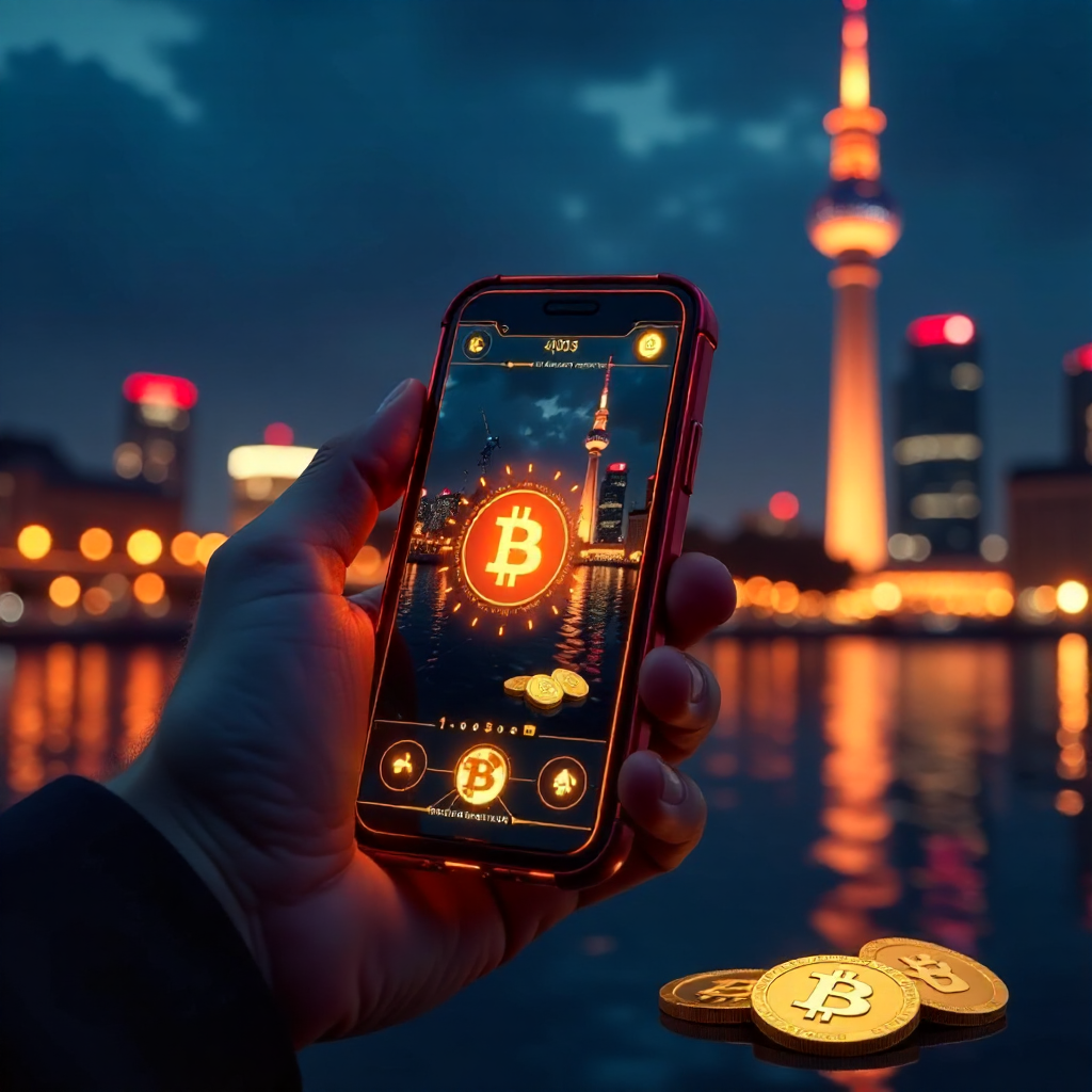 A hand holding a luxury smartphone displaying a high-tech Bitcoin poker app interface with glowing orange and gold accents, background is the Berlin skyline with the TV Tower (Fernsehturm) at night, 3D golden Bitcoin coins and a Royal Flush of playing car